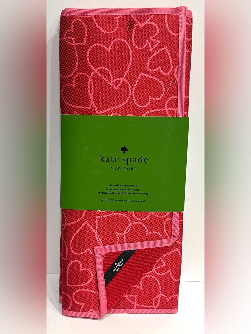 NEW, Kate Spade Kitchen Dish Drying Mats HEARTS RED PINK REVERSIBLE